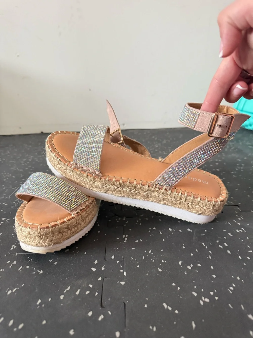 Madden Girl Rose Gold Rhinestone Espadrille Platform Sandals
